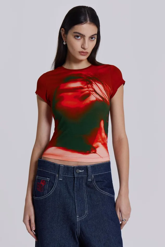 Women Red Motion Face Graphic Baby Tee Jaded London TShirts
