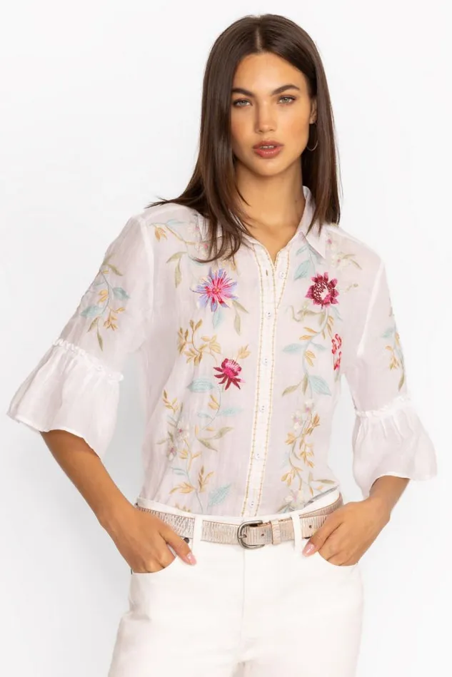 Women RUFFLE SLEEVE TUNIC White Johnny Was Tops