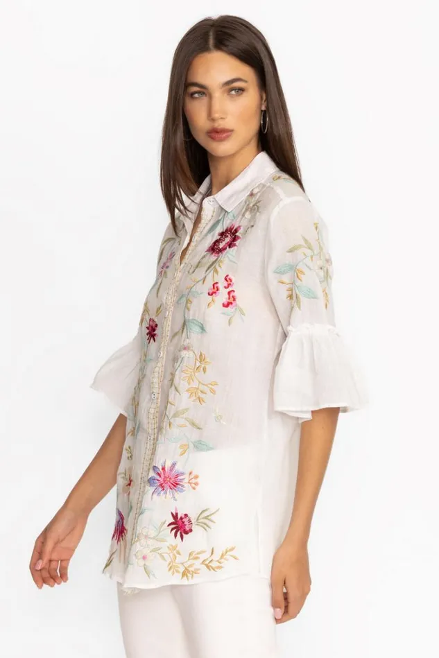 Women RUFFLE SLEEVE TUNIC White Johnny Was Tops Women RUFFLE SLEEVE TUNIC White Johnny Was Tops