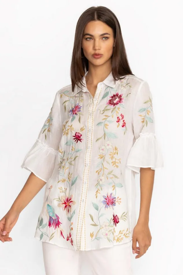 Women RUFFLE SLEEVE TUNIC White Johnny Was Tops Women RUFFLE SLEEVE TUNIC White Johnny Was Tops