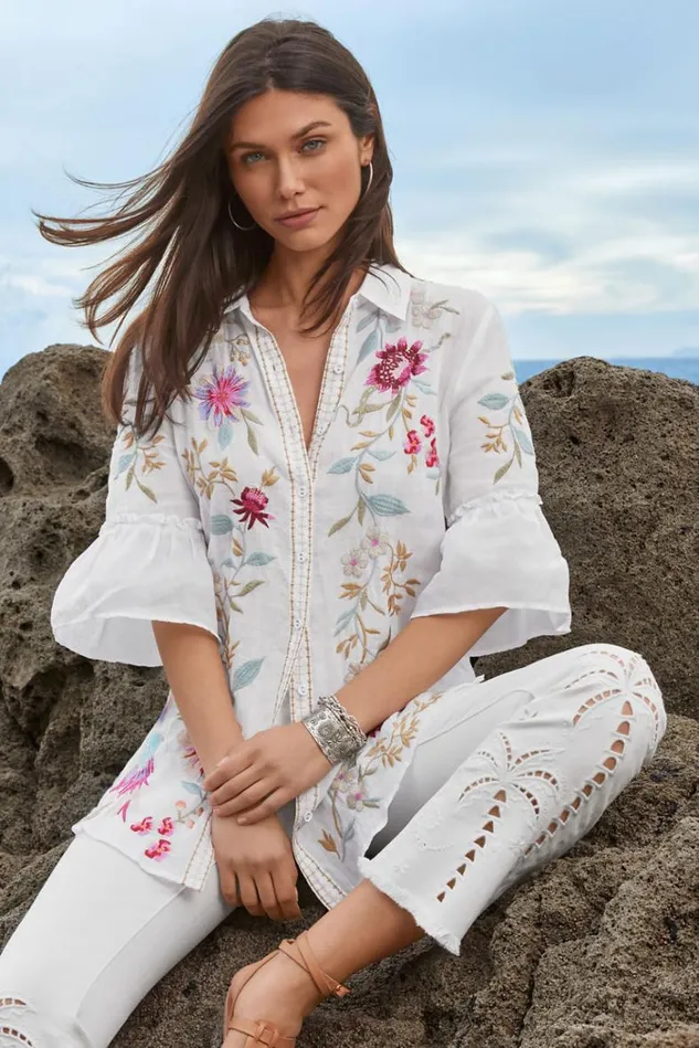Women RUFFLE SLEEVE TUNIC White Johnny Was Tops Women RUFFLE SLEEVE TUNIC White Johnny Was Tops
