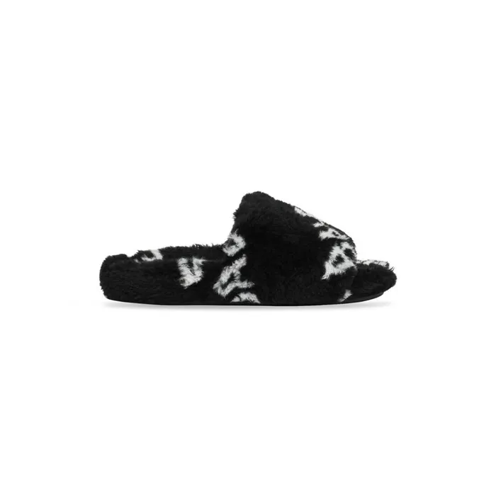 Women Sandals and Mules Balenciaga Furry Slide Sandal Allover Logo In Black