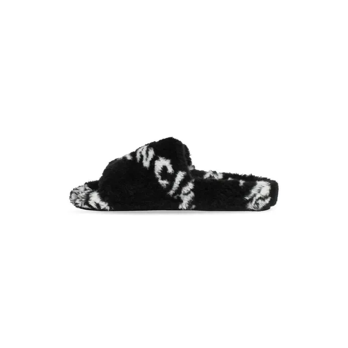 Women Sandals and Mules Balenciaga Furry Slide Sandal Allover Logo In Black