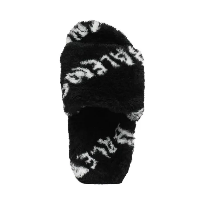 Women Sandals and Mules Balenciaga Furry Slide Sandal Allover Logo In Black