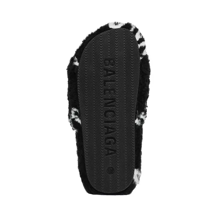 Women Sandals and Mules Balenciaga Furry Slide Sandal Allover Logo In Black