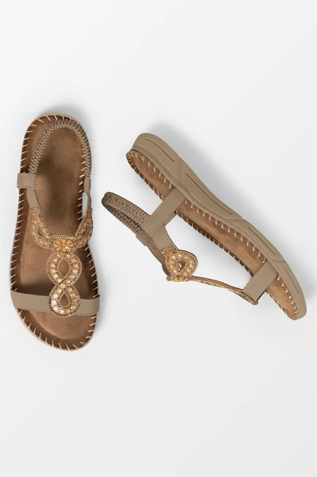 Women Sandals Cupshe Baja Open Toe Rhinestone Flat Sandals Brown