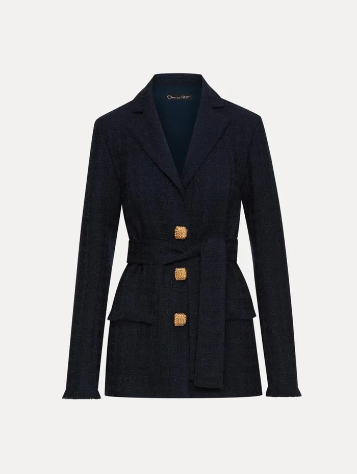 Women SelfSash Tweed Jacket Navy Oscar De La Renta Jackets and Coats