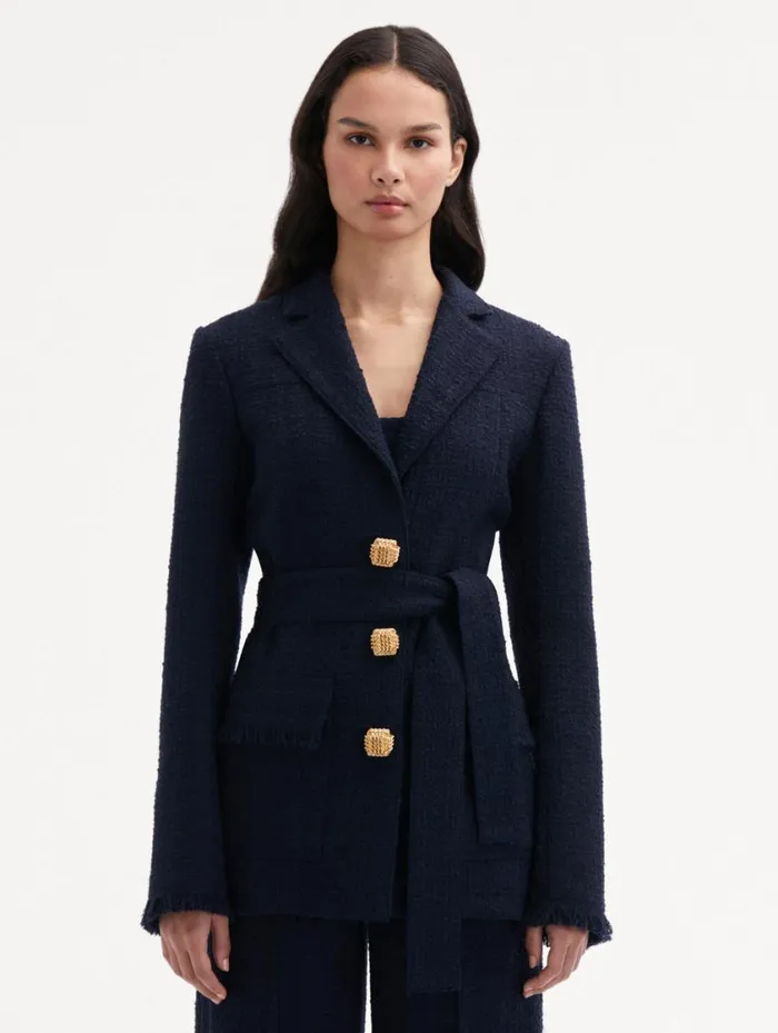 Women SelfSash Tweed Jacket Navy Oscar De La Renta Jackets and Coats Women SelfSash Tweed Jacket Navy Oscar De La Renta Jackets and Coats