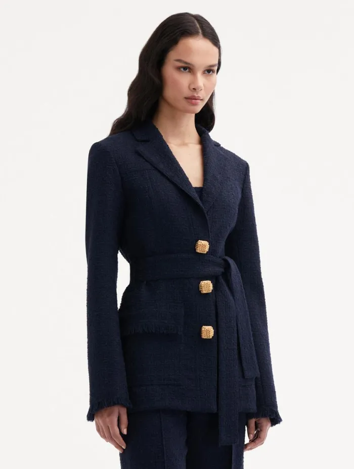 Women SelfSash Tweed Jacket Navy Oscar De La Renta Jackets and Coats Women SelfSash Tweed Jacket Navy Oscar De La Renta Jackets and Coats