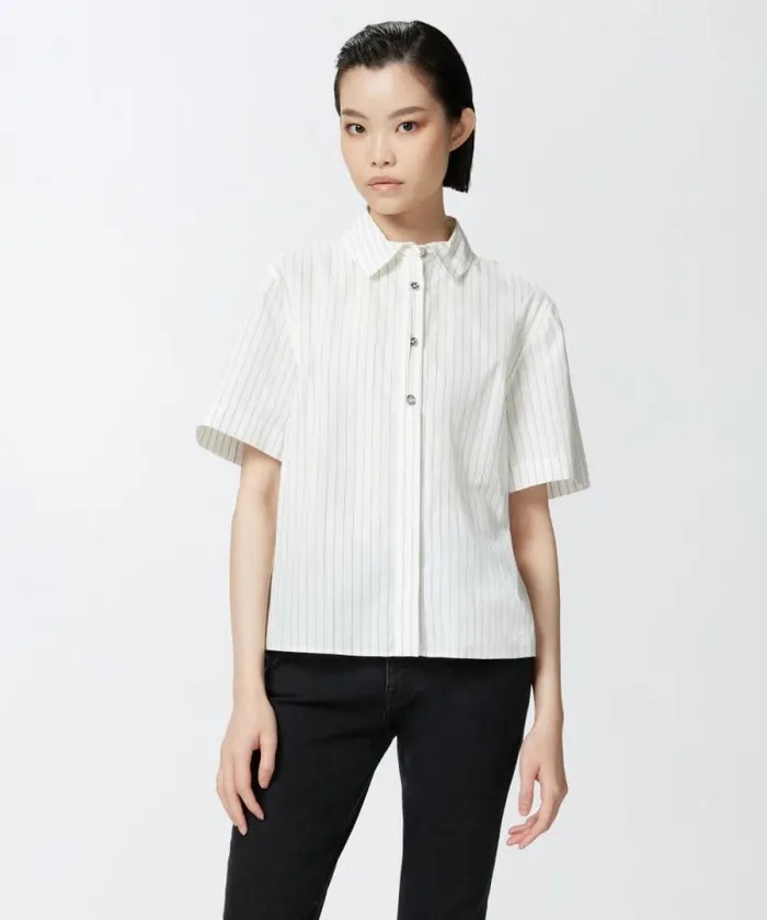 Women Shirts And Blouses Pinko Cotton Bowling Shirt With Vertical Stripes Whiteblack Beige Women Shirts And Blouses Pinko Cotton Bowling Shirt With Vertical Stripes Whiteblack Beige