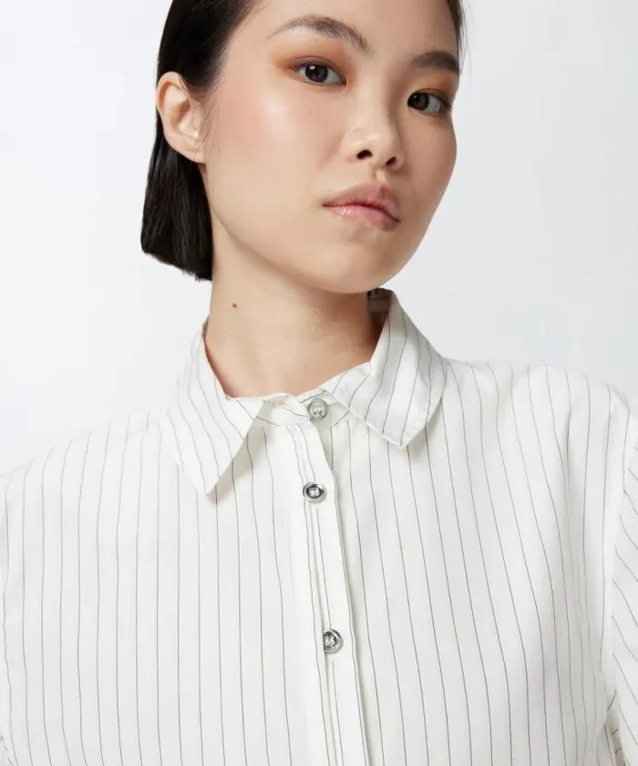 Women Shirts And Blouses Pinko Cotton Bowling Shirt With Vertical Stripes Whiteblack Beige Women Shirts And Blouses Pinko Cotton Bowling Shirt With Vertical Stripes Whiteblack Beige