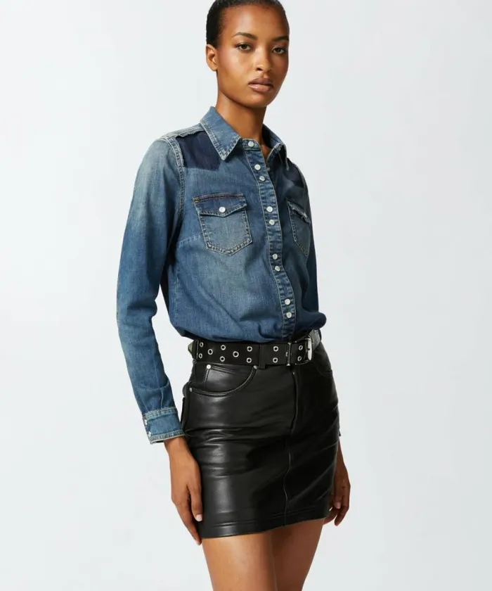 Women Shirts And Blouses Pinko Lightweight Shirt In Blue Stretch Twill Dark Vintage Wash Women Shirts And Blouses Pinko Lightweight Shirt In Blue Stretch Twill Dark Vintage Wash
