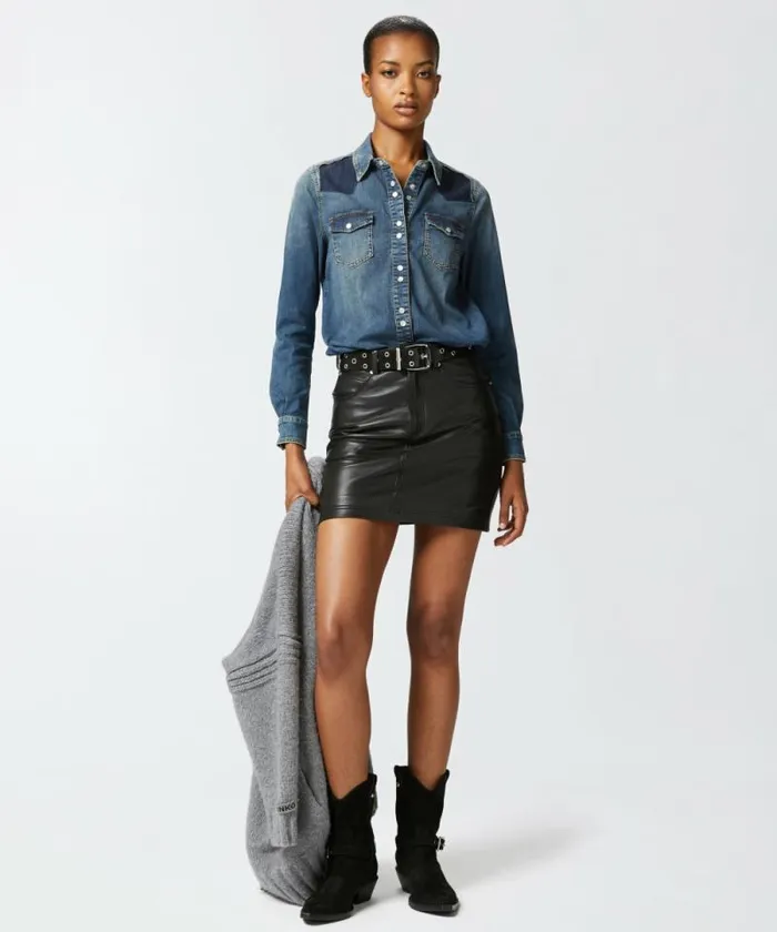 Women Shirts And Blouses Pinko Lightweight Shirt In Blue Stretch Twill Dark Vintage Wash Women Shirts And Blouses Pinko Lightweight Shirt In Blue Stretch Twill Dark Vintage Wash