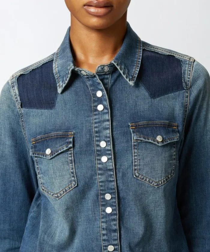 Women Shirts And Blouses Pinko Lightweight Shirt In Blue Stretch Twill Dark Vintage Wash Women Shirts And Blouses Pinko Lightweight Shirt In Blue Stretch Twill Dark Vintage Wash