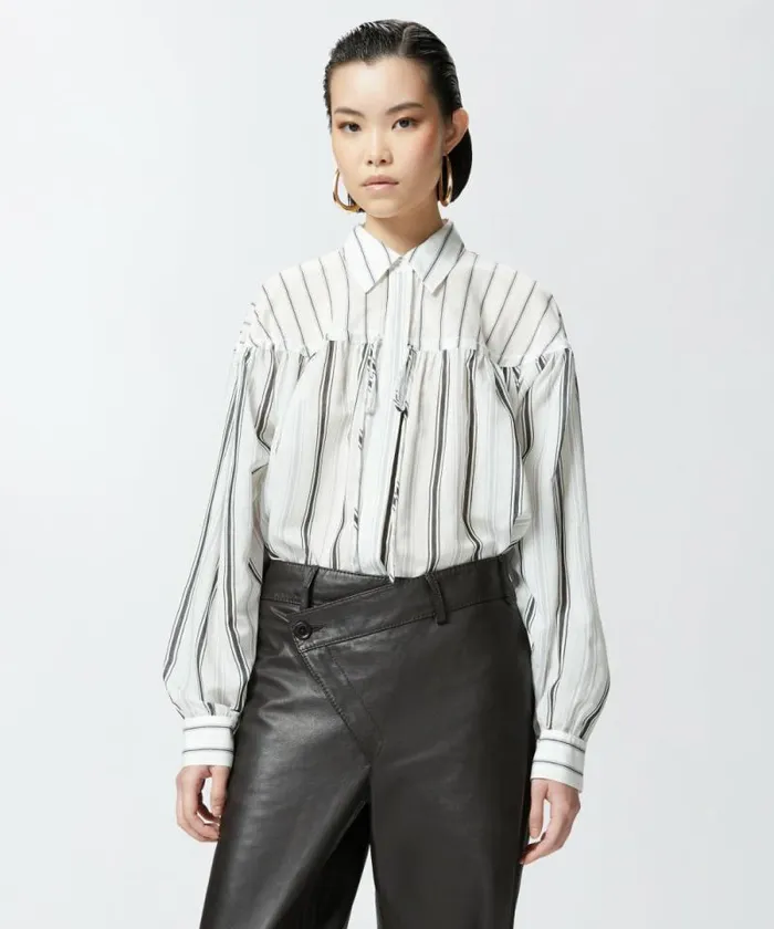 Women Shirts And Blouses Pinko Striped Cotton Shirt With Laces Whitegreyblack Women Shirts And Blouses Pinko Striped Cotton Shirt With Laces Whitegreyblack