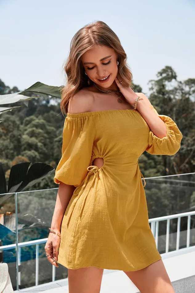 Women Short Dresses Cupshe Caelan OffShoulder Cut Out Drawstring AShape Dress Yellow Women Short Dresses Cupshe Caelan OffShoulder Cut Out Drawstring AShape Dress Yellow