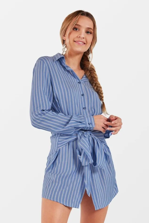 Women Short Dresses Cupshe Hillary Stripe Tie Front Shirt Dress Blue