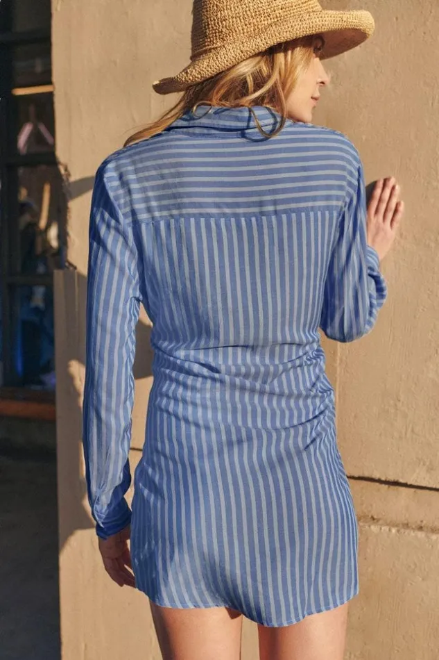 Women Short Dresses Cupshe Hillary Stripe Tie Front Shirt Dress Blue