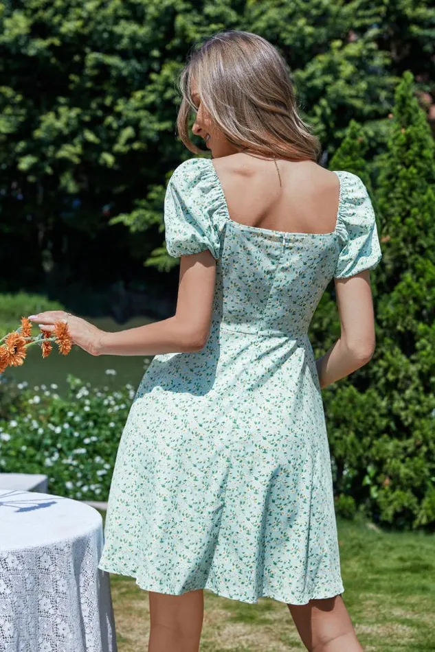 Women Short Dresses Cupshe Ilaria Square Neck Bubble Sleeve Ruching AShape Dress Green