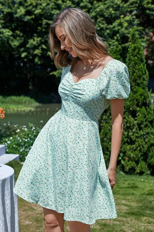Women Short Dresses Cupshe Ilaria Square Neck Bubble Sleeve Ruching AShape Dress Green