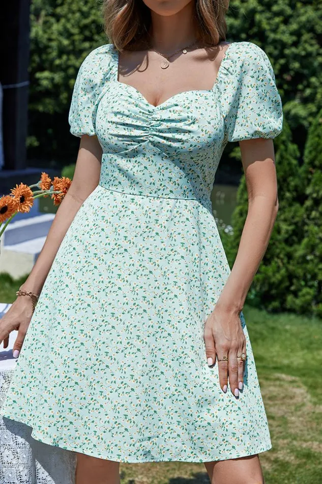 Women Short Dresses Cupshe Ilaria Square Neck Bubble Sleeve Ruching AShape Dress Green