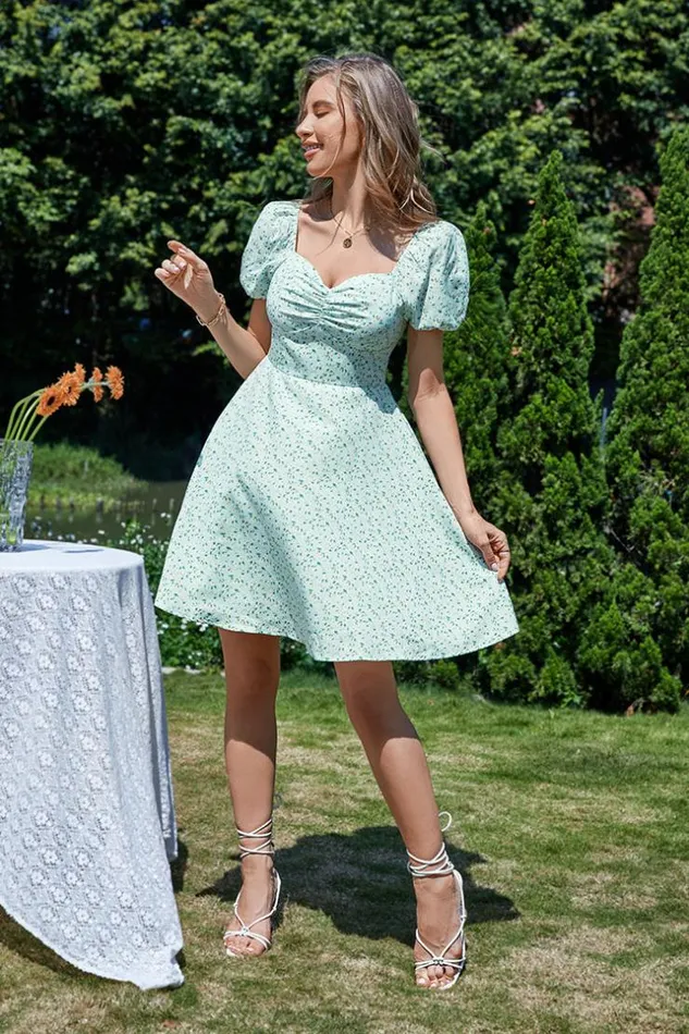 Women Short Dresses Cupshe Ilaria Square Neck Bubble Sleeve Ruching AShape Dress Green