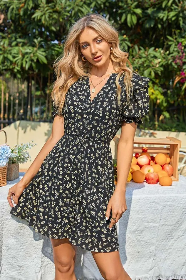 Women Short Dresses Cupshe Palizzi Bubble Sleeve Ditsy Ruching Dress Multicolor