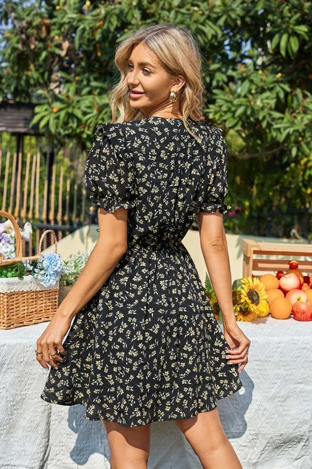 Women Short Dresses Cupshe Palizzi Bubble Sleeve Ditsy Ruching Dress Multicolor
