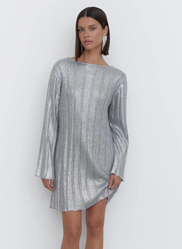 Women Silver Metallic Knit Tie Back Jumper Dress 8211 Paloma 4th and Reckless Dresses