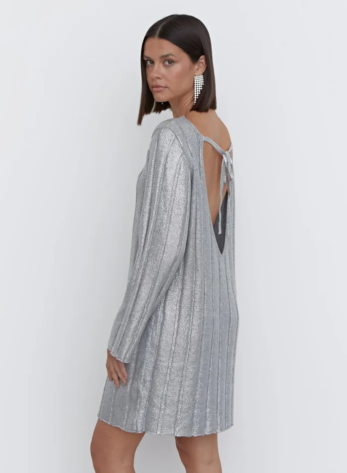 Women Silver Metallic Knit Tie Back Jumper Dress 8211 Paloma 4th and Reckless Dresses