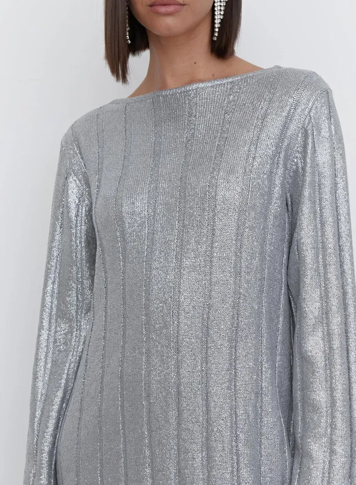 Women Silver Metallic Knit Tie Back Jumper Dress 8211 Paloma 4th and Reckless Dresses