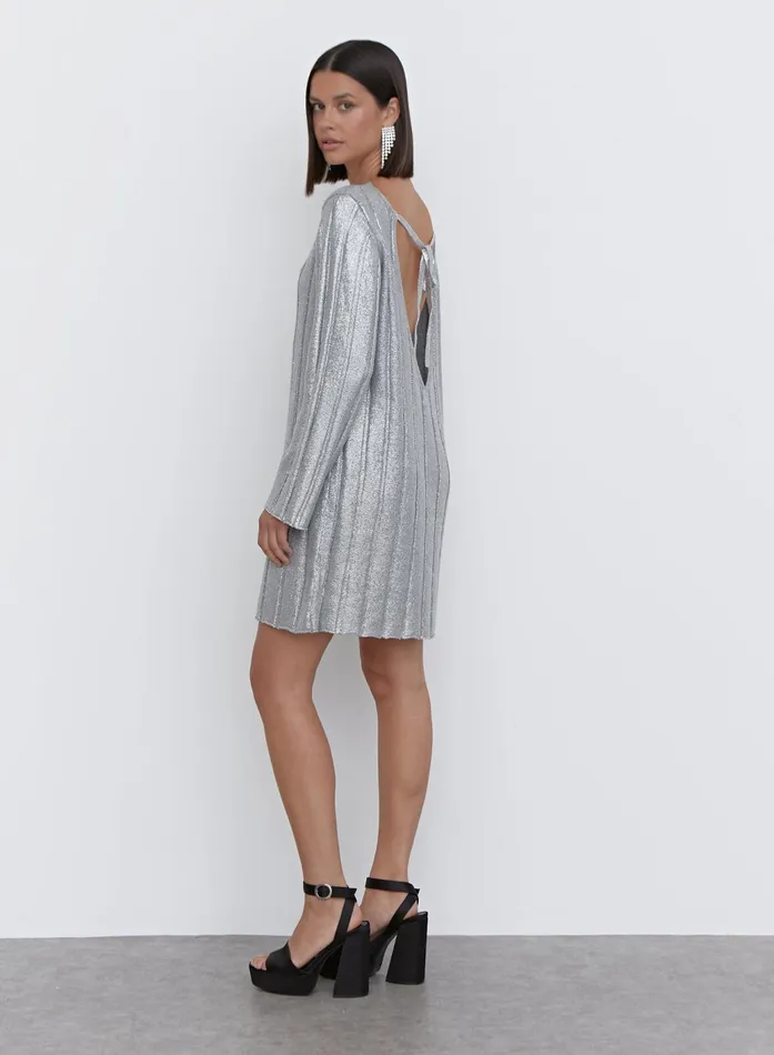 Women Silver Metallic Knit Tie Back Jumper Dress 8211 Paloma 4th and Reckless Dresses