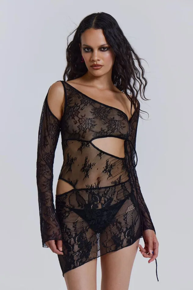 Women Siren Long Sleeve Mixed Lace Mini Dress With Slash Cut Out Detail Jaded London Mini Dresses