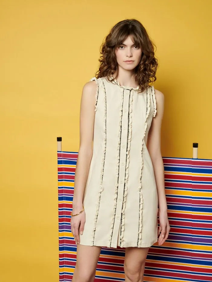 Women Sister Jane Dresses Ghospell Donna Trimmed Mini Dress Parchment Beige