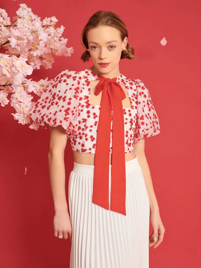 Women Sister Jane Tops DREAM Sakura Jacquard Top White U0026 Red