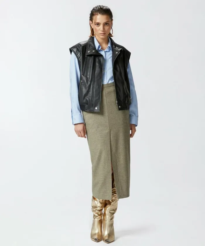 Women Skirts Pinko Check Midi Skirt With Front Slit Camellight Green
