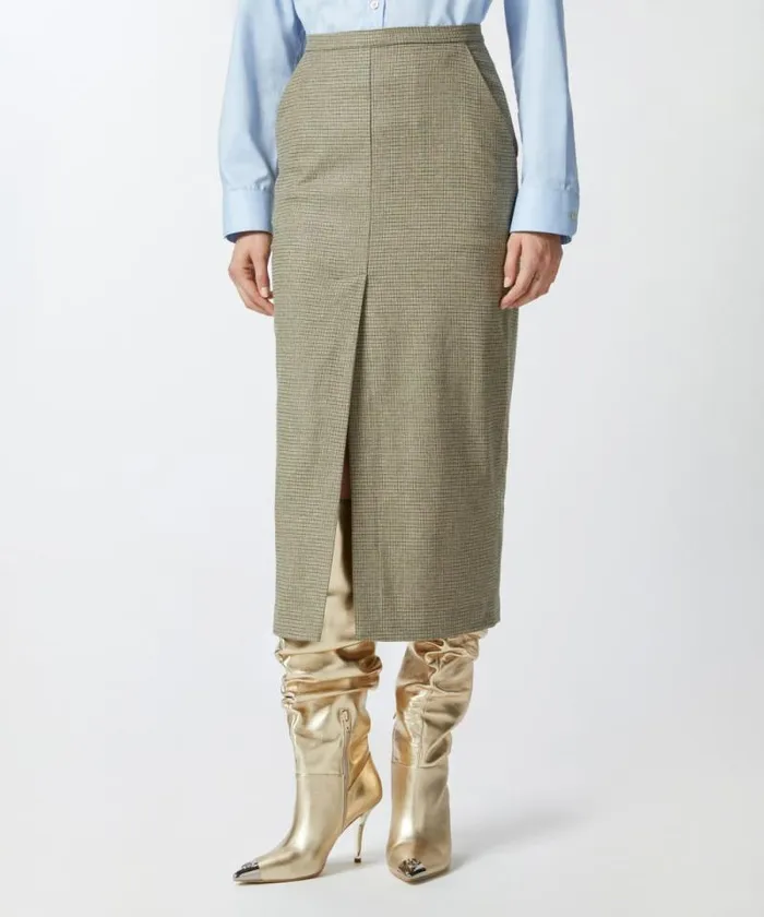 Women Skirts Pinko Check Midi Skirt With Front Slit Camellight Green Women Skirts Pinko Check Midi Skirt With Front Slit Camellight Green