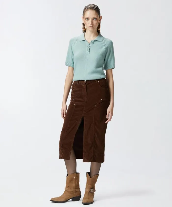 Women Skirts Pinko Corduroy Midi Skirt With Slit Chestnut Brown