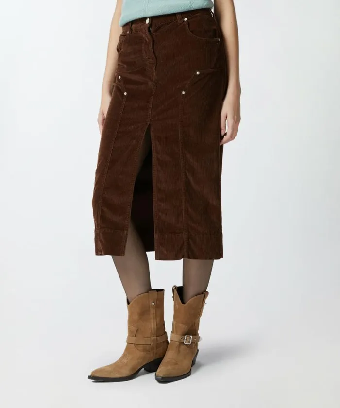 Women Skirts Pinko Corduroy Midi Skirt With Slit Chestnut Brown Women Skirts Pinko Corduroy Midi Skirt With Slit Chestnut Brown
