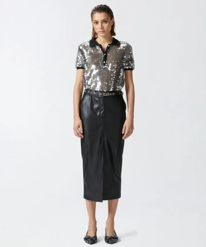 Women Skirts Pinko Leathereffect Midi Skirt With Slit At The Hem Limo Black