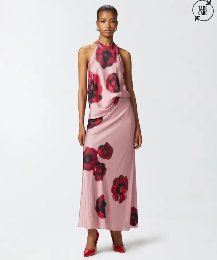 Women Skirts Pinko Long Satin Skirt With Floral Print Pinkred