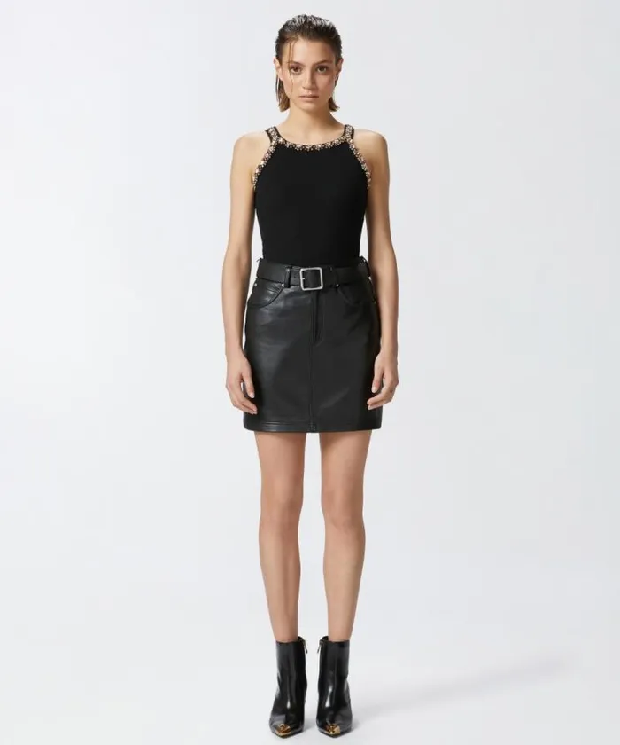 Women Skirts Pinko Nappa Leather Miniskirt With Belt Limo Black