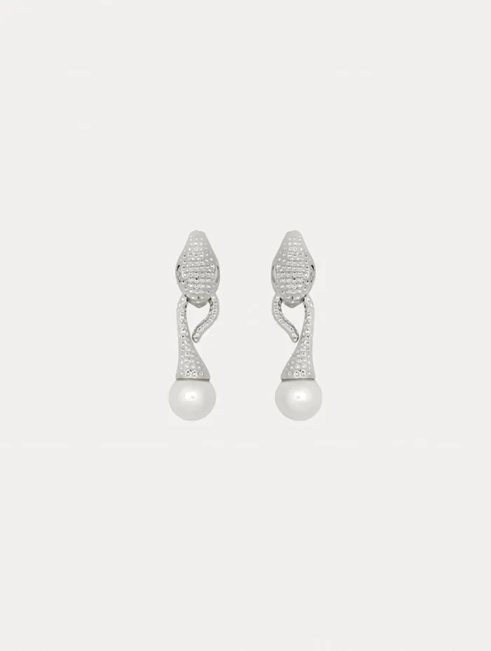 Women Snake Pearl Drop ClipOn Earrings Silver Oscar De La Renta Earrings