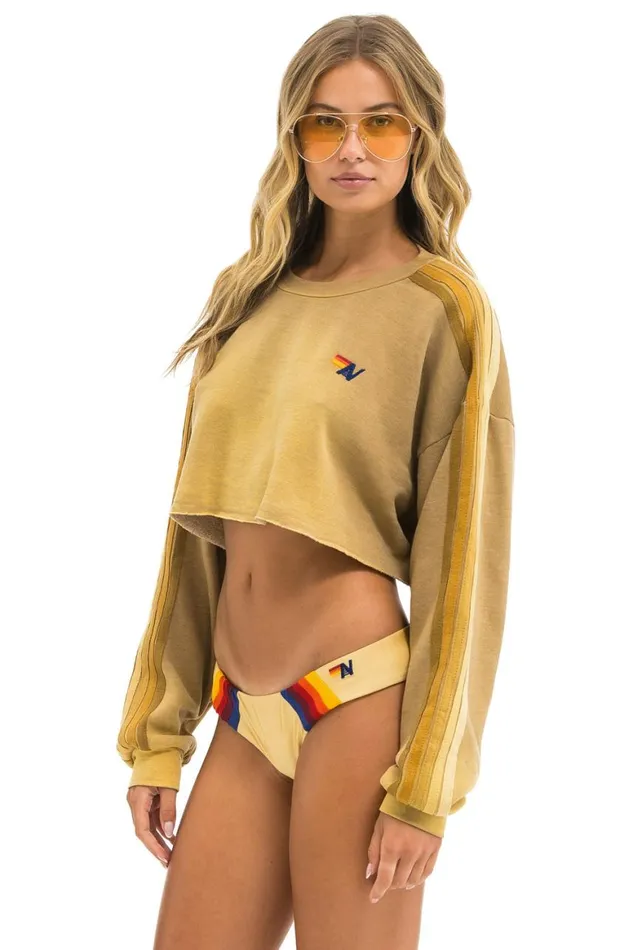 Women Sweatshirts Aviator Nation Classic Stripe Cropped Crew Sweatshirt Relaxed 8211 Faded Tan