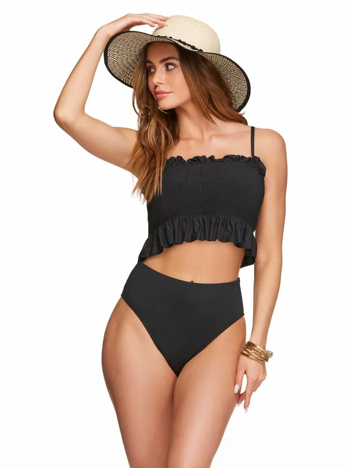 Women Swim Jessica Simpson Solid Smocked Bandeau Top In Black