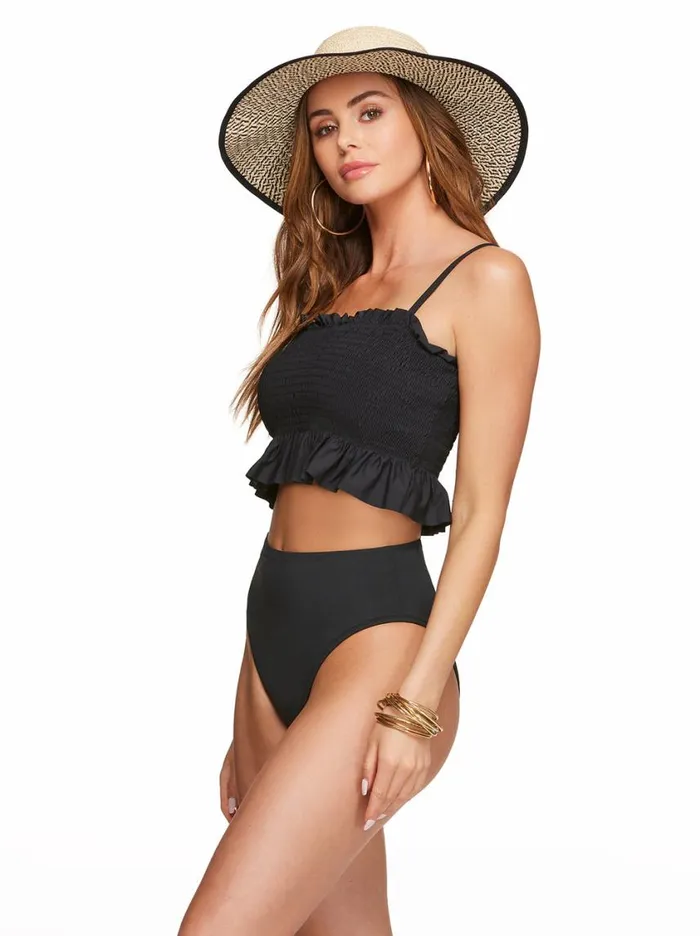 Women Swim Jessica Simpson Solid Smocked Bandeau Top In Black