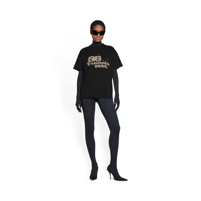 Women Tshirts Balenciaga Handdrawn Bb Icon Tshirt Medium Fit In Black