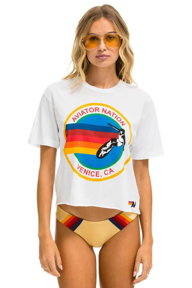 Women Tees Aviator Nation Signature Boyfriend Tee 8211 White