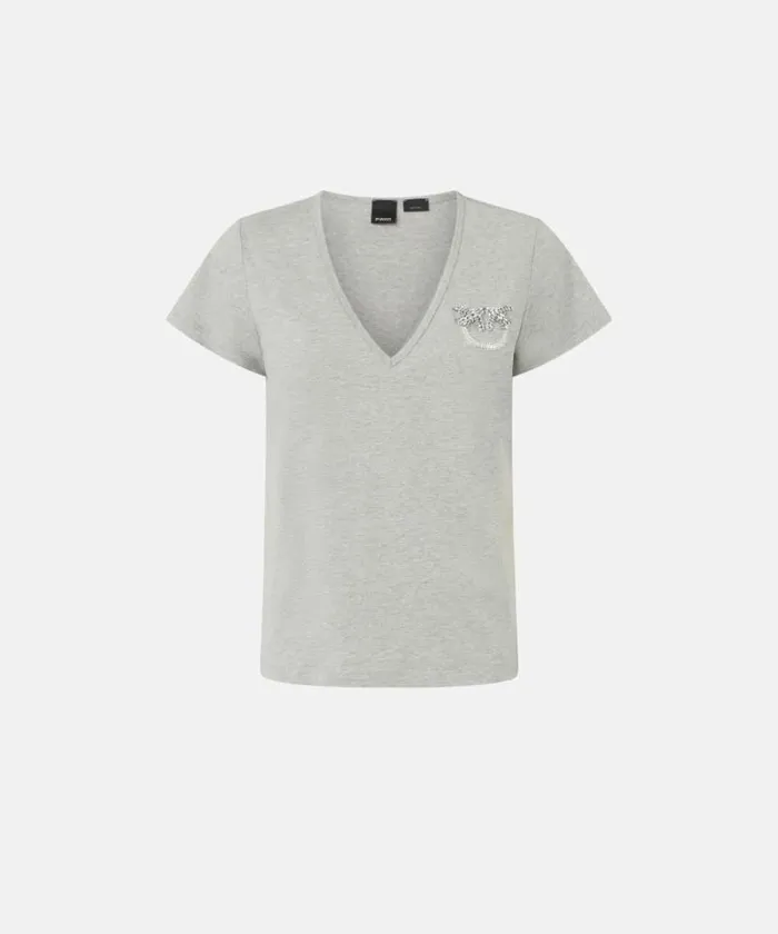 Women Topwear Pinko Vneck Tshirt With Jewel Embroidery Drizzle Grey