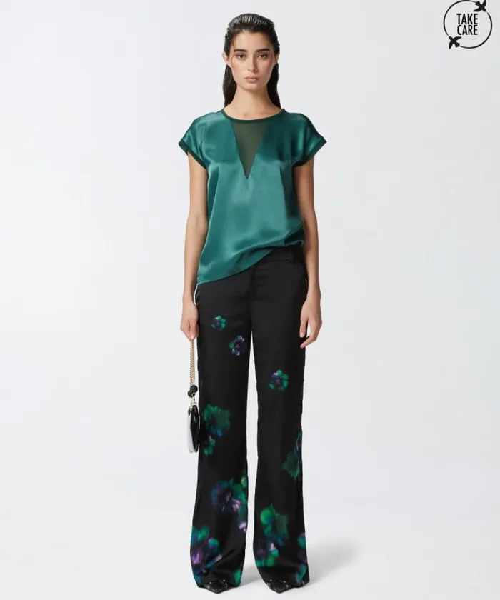 Women Trousers Pinko Satin Trousers With Floral Print Blackgreen